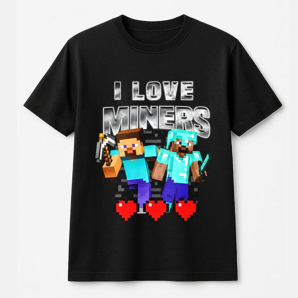 I Love Miners Pixel Graphic T-Shirt | Retro Gamer Mining Adventure Tee | 100% Cotton Premium Quality | Funny Video Game Gift 