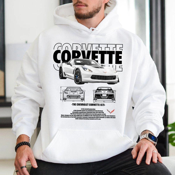 Corvette C7 Hoodie | Blueprint Graphic Sports Car Sweatshirt | Cotton Blend Premium Pullover | Gift for Car Enthusiast, Mecha