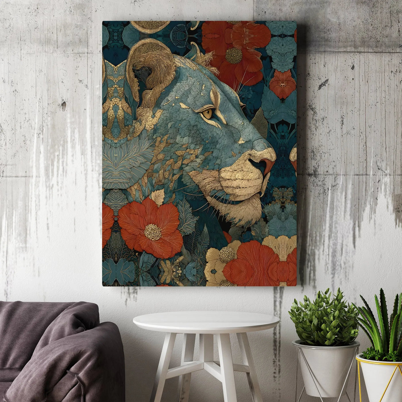 Lioness Wall Art Canvas | Art Nouveau Floral Animal Portrait | Gallery-Grade Fade-Resistant Print | Elegant Home Decor Gift F