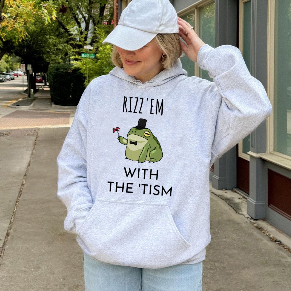 Rizz Em With The Tism Hoodie | Funny Frog Meme Graphic Sweatshirt | Premium Cotton Blend | Gift For Neurodivergent Friends & 