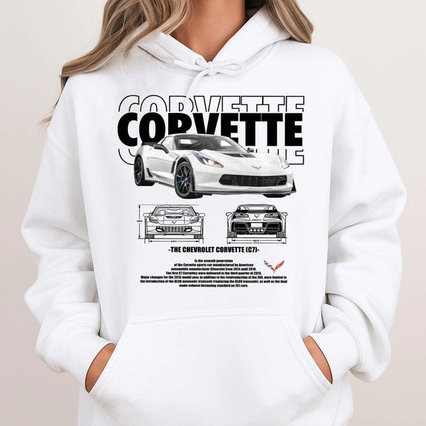 Corvette C7 Hoodie | Blueprint Graphic Sports Car Sweatshirt | Cotton Blend Premium Pullover | Gift for Car Enthusiast, Mecha