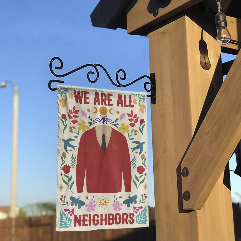We Are All Neighbors Garden Flag | Mr Rogers Inspired Red Cardigan Design | Double-Sided Premium Polyester | Welcoming Outdoo